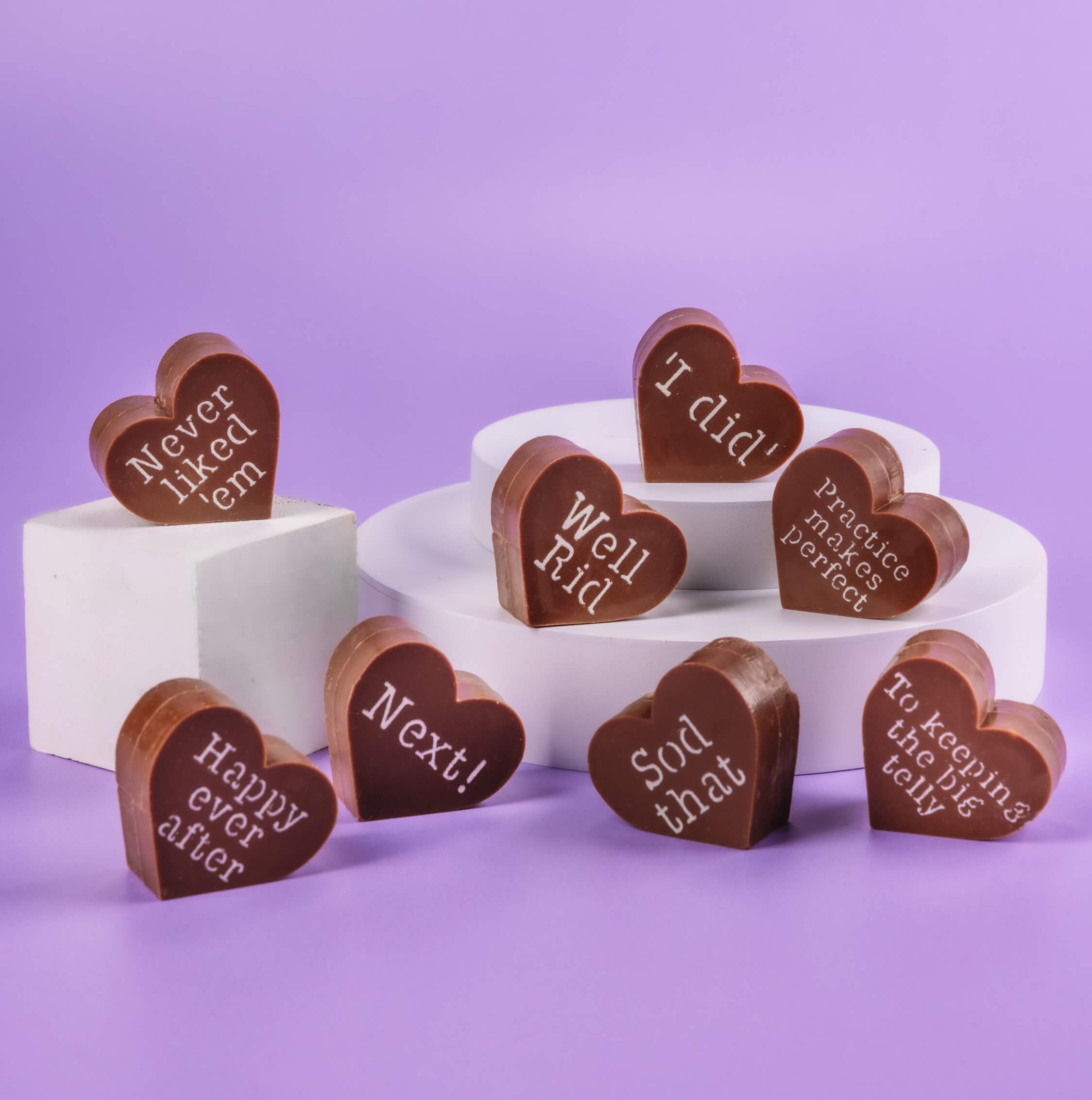 Bagstock & Bumble divorce chocolates on display, decorated with playful phrases like 'I did', perfect for a fun and slightly savage divorce gift for her.