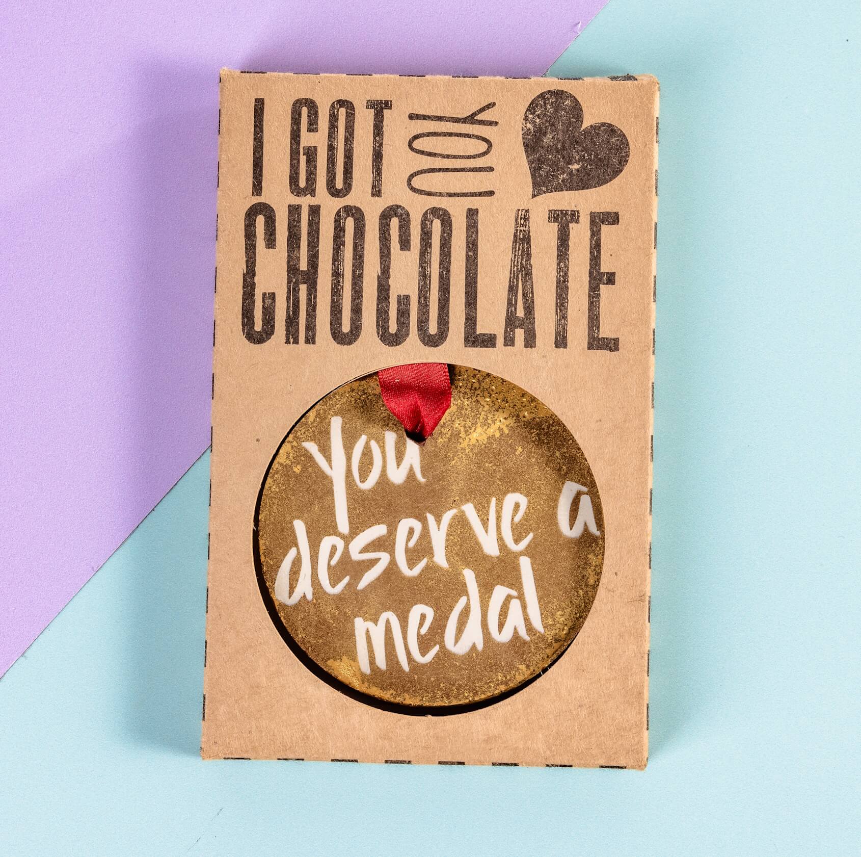 Chocolate medal with ribbon – Beautifully packaged in our I Got You Chocolate box, making it a thoughtful and fun gift for any deserving recipient.