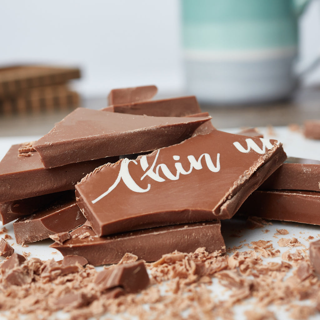 Close up of broken pieces of milk chocolate bar where you can just see the 'Chin up' motif it is decorated with