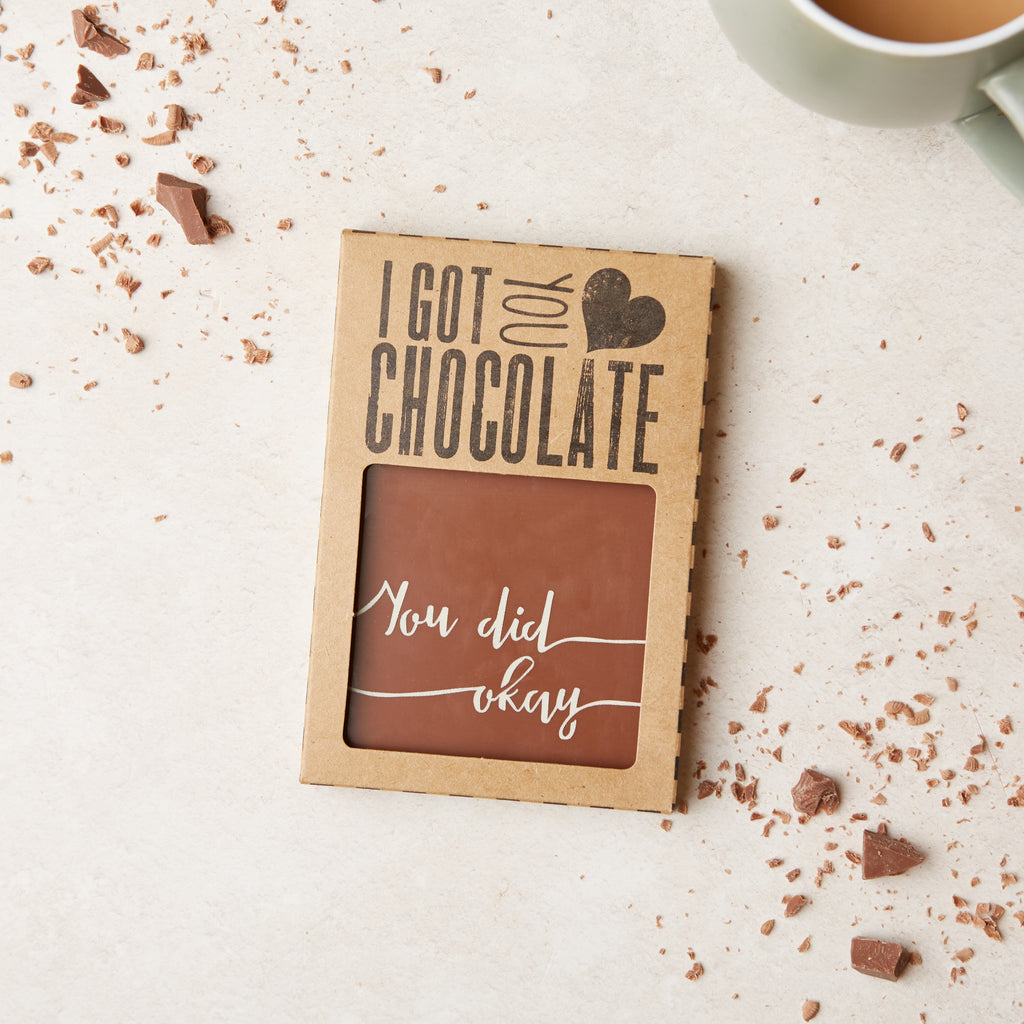 Funny 'You did okay' congratulations chocolate bar pictured in it's custom 'I got you chocolate' gift packaging