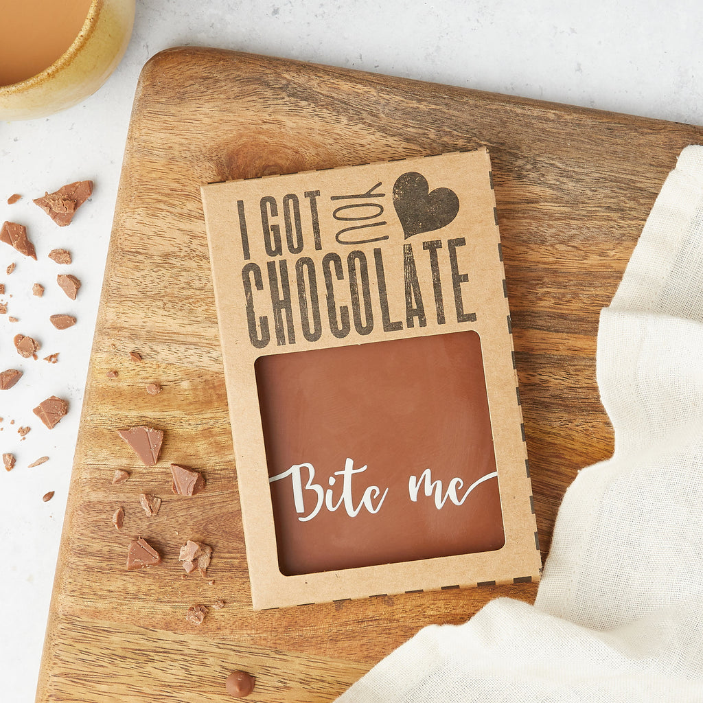 'Bite Me' Belgian chocolate bar in our 'I Got You Chocolate' gift packaging
