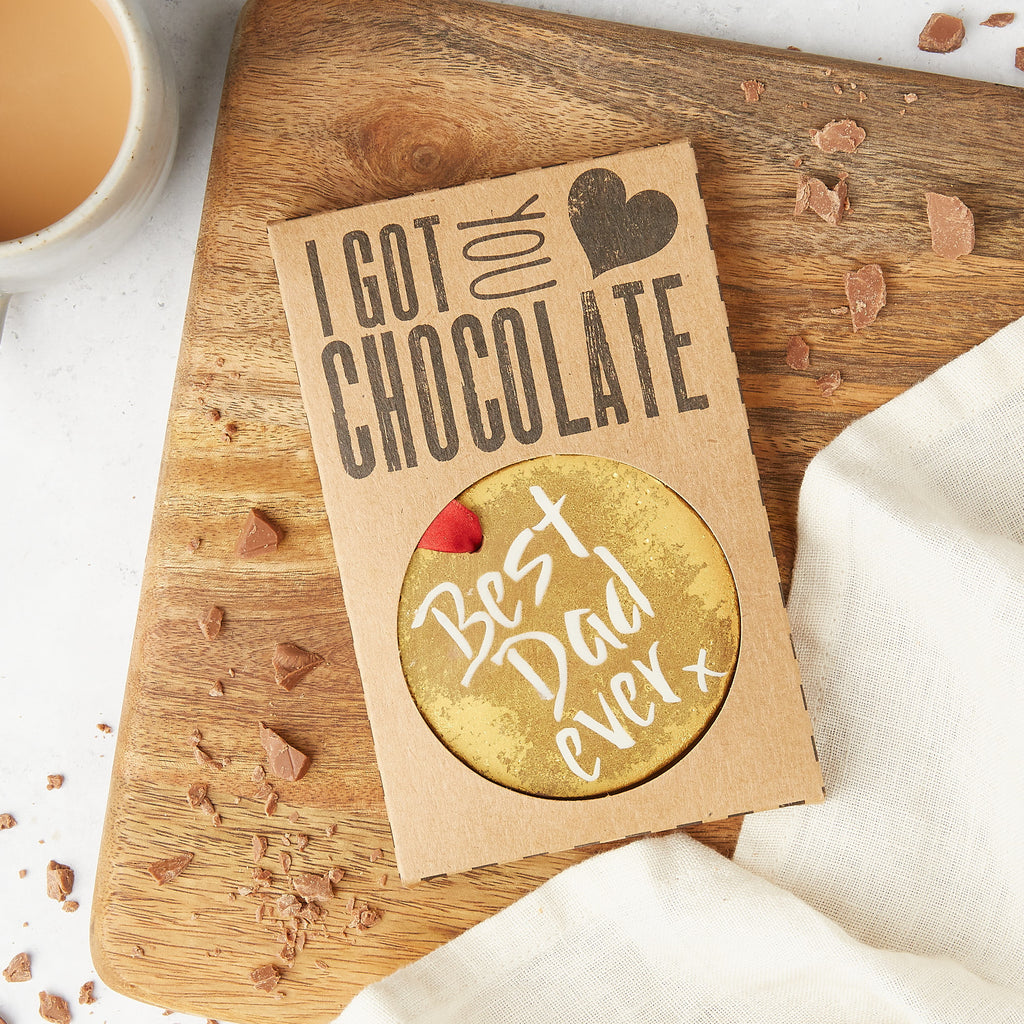 Bed Dad Ever decorated gold medal displayed in an 'I got you chocolate' gift box