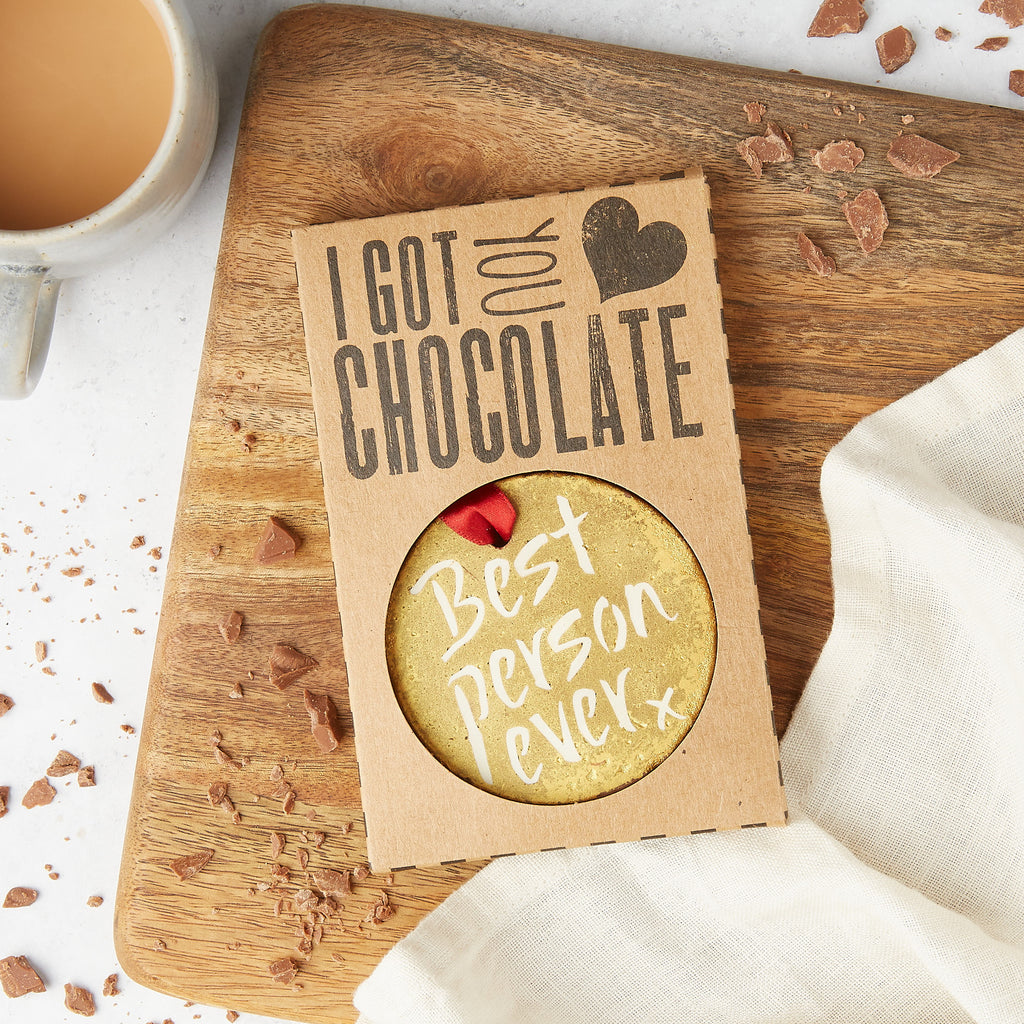 Chocolate gold medal with 'Best person ever' medal packed in an 'I got you chocolate' gift box