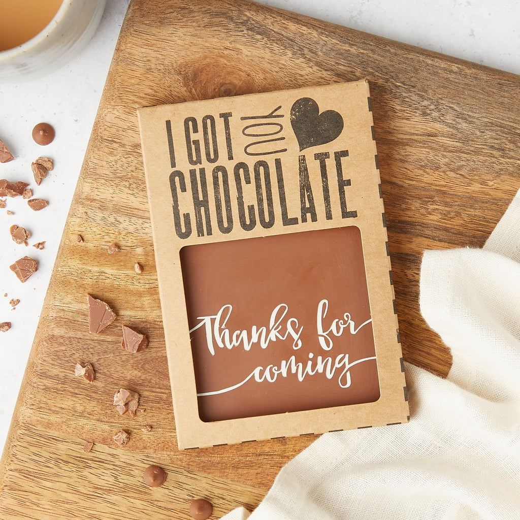 'Thank You For Coming' message on milk chocolate bar packed into 'I got you chocolate' gift packaging