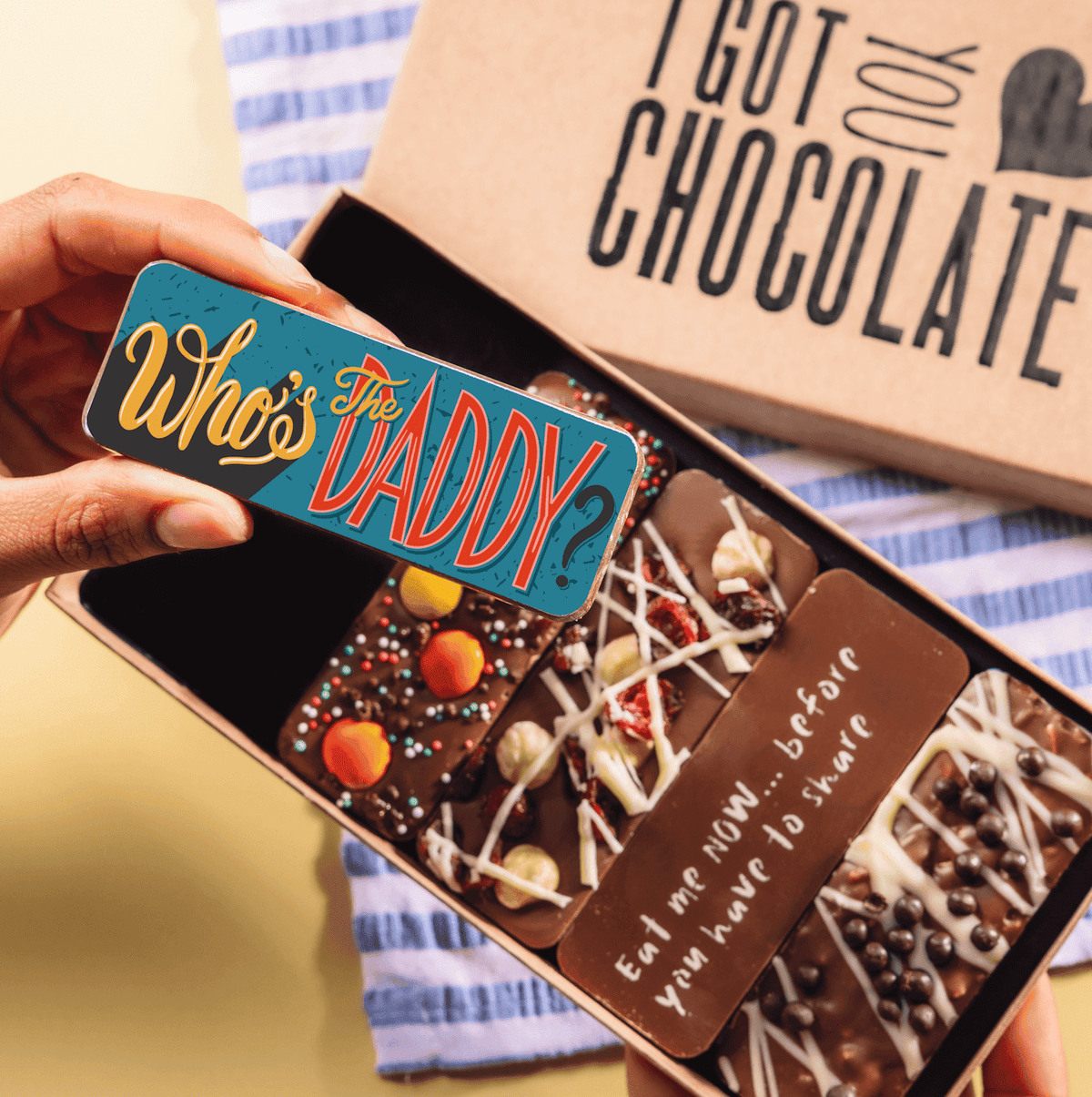 The perfect Dad chocolate gift for Father's Day or birthdays... a selection of five Belgian milk chocolate bars in an I Got You Chocolate gift box