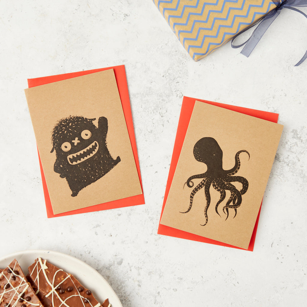 Our selection of custom monster and octopus design greetings cards for handwritten messages