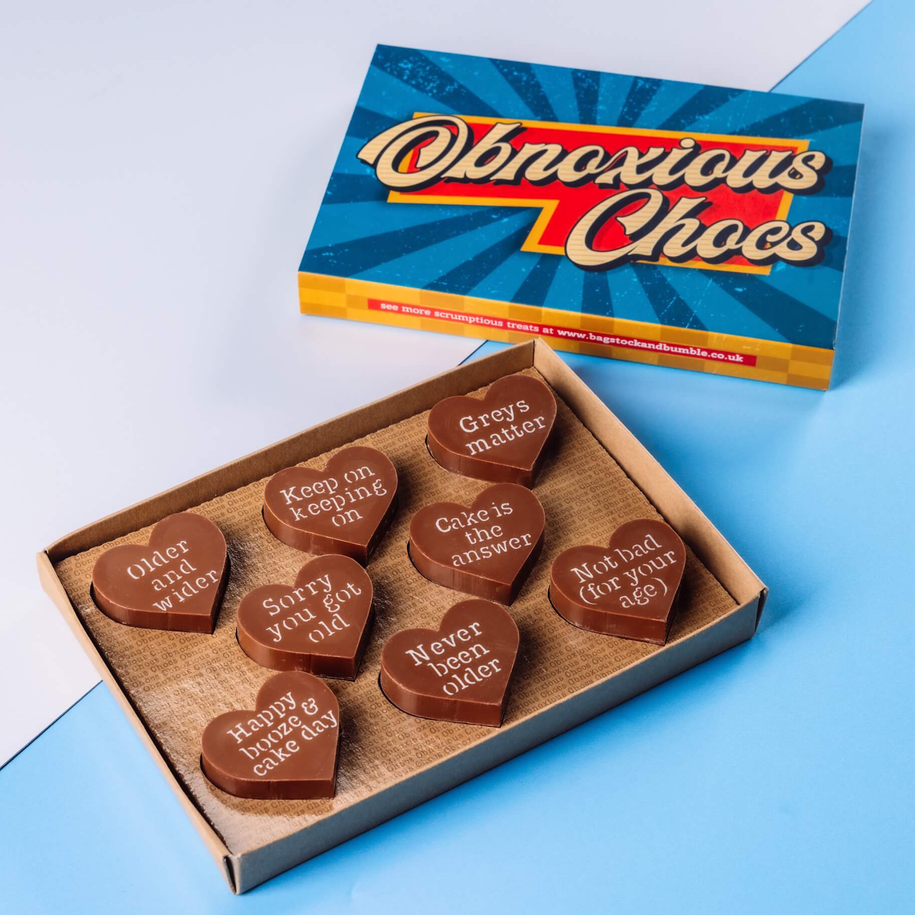 Happy Birthday Obnoxious Chocs by Bagstock & Bumble with their bold, vintage-inspired packaging – ready to gift and packed with Fairtrade chocolate and cheek.