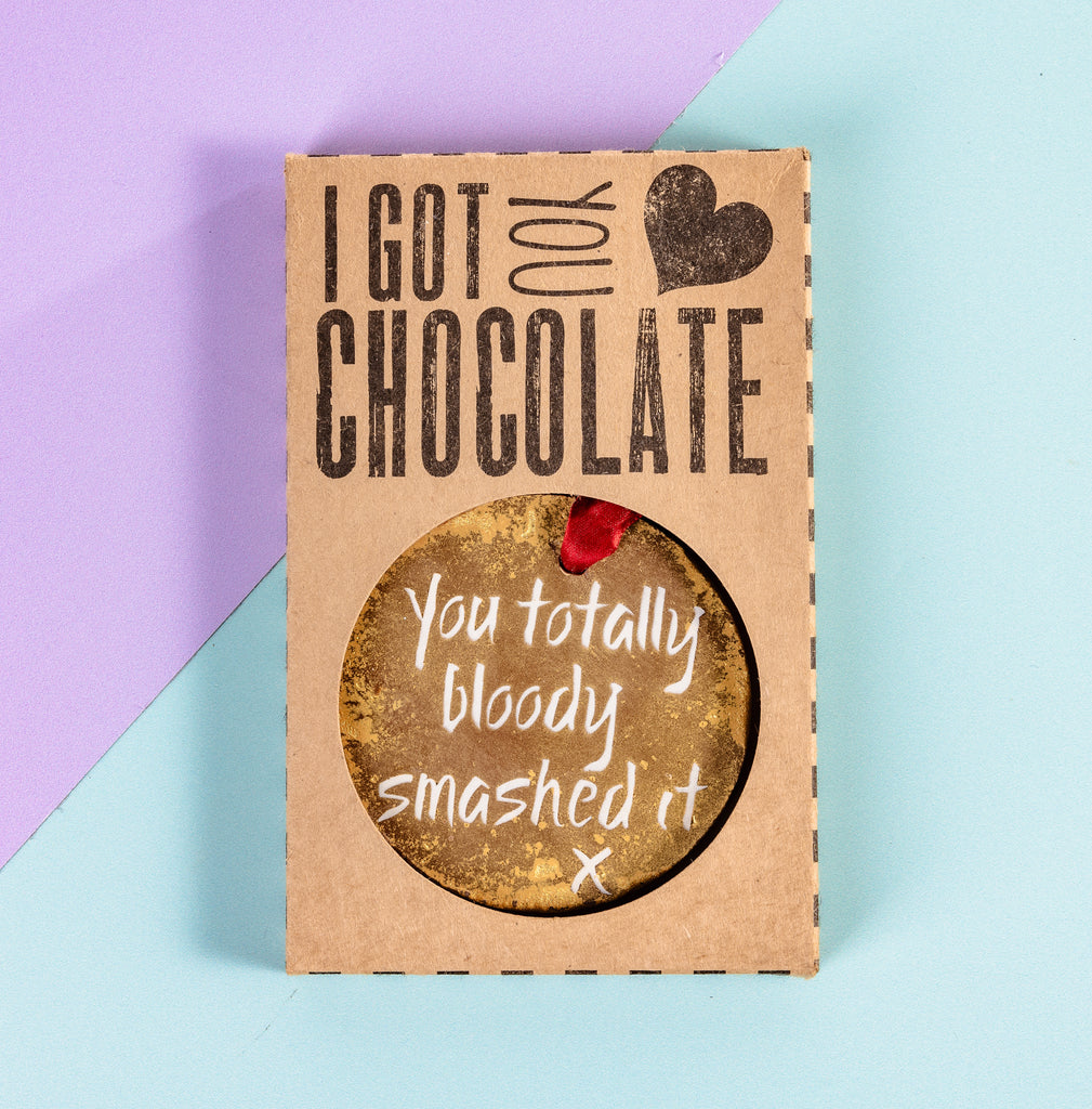 'You totally bloody smashed it' medal pictured in custom 'I got you chocolate' presentation box