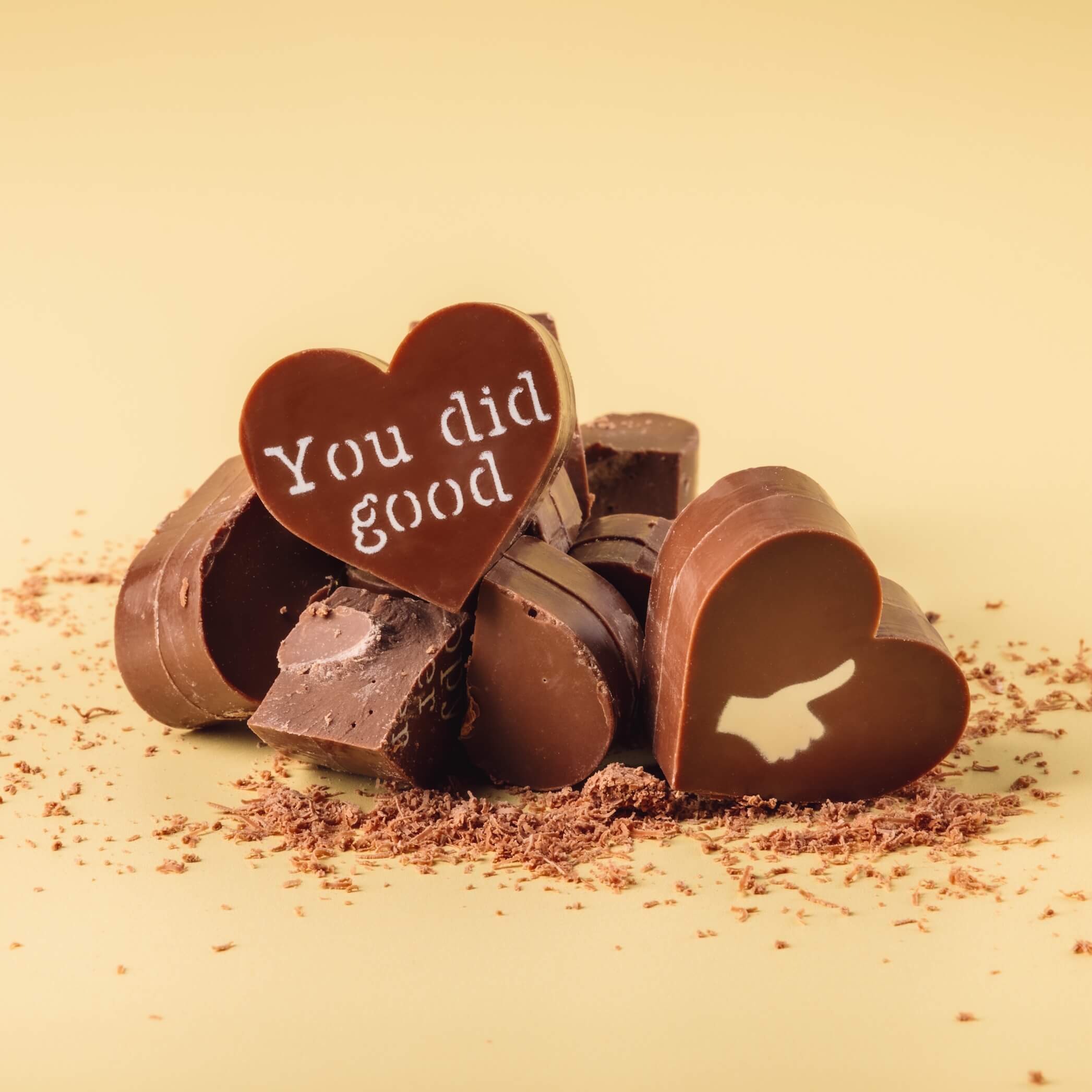 Funny Well Done Messages - Broken up chocolate hearts from Bagstock & Bumble Congratulations Obnoxious Chocs.