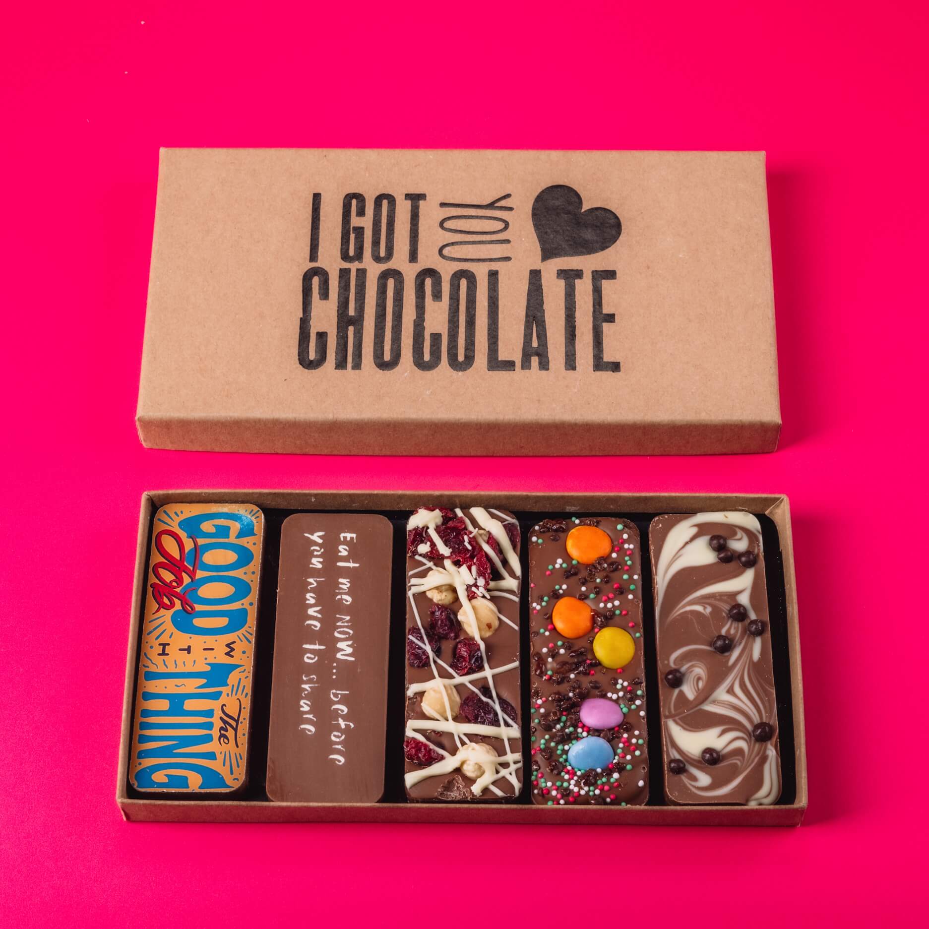 A fun, handmade chocolate gift box with five unique and tasty treat bars,  – the perfect cheeky option for well done gifts.
