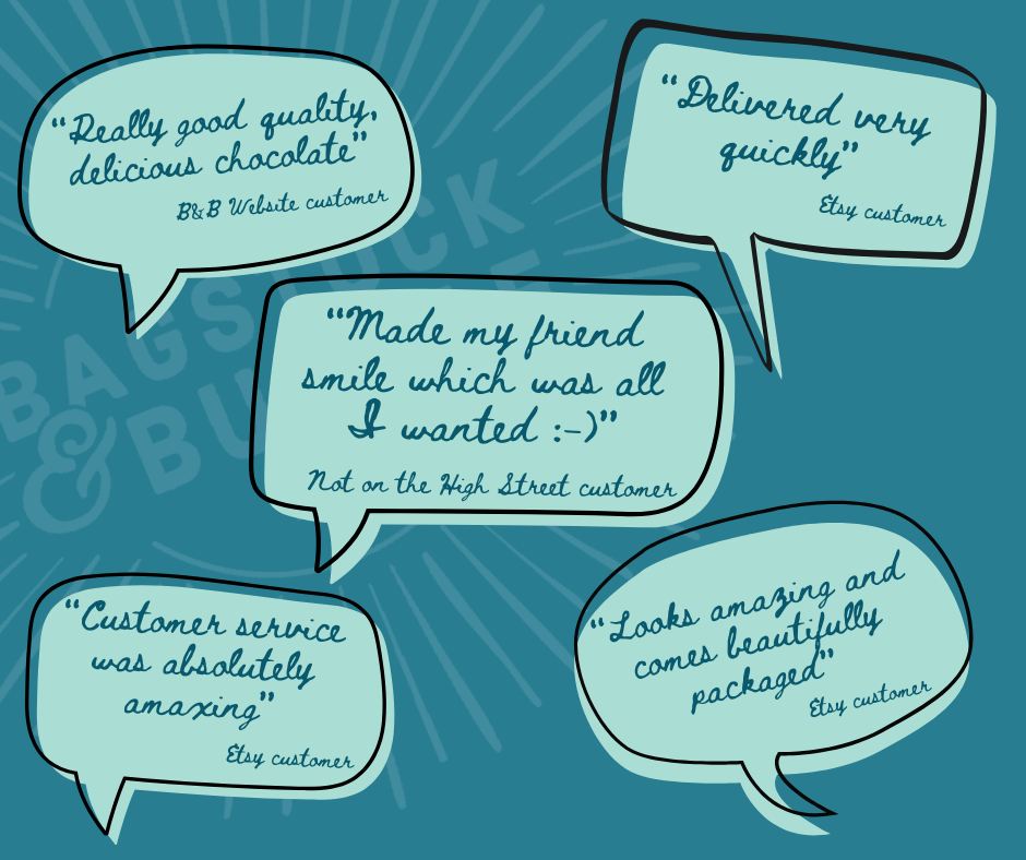Speech bubbles with customer reviews on a blue background