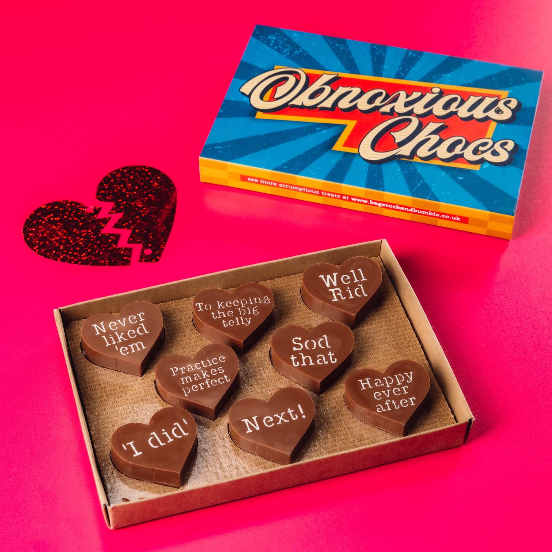 Divorce Obnoxious Chocs from Bagstock & Bumble, pictured with vibrant vintage-style packaging, ready to gift to anyone who’s back on the market.