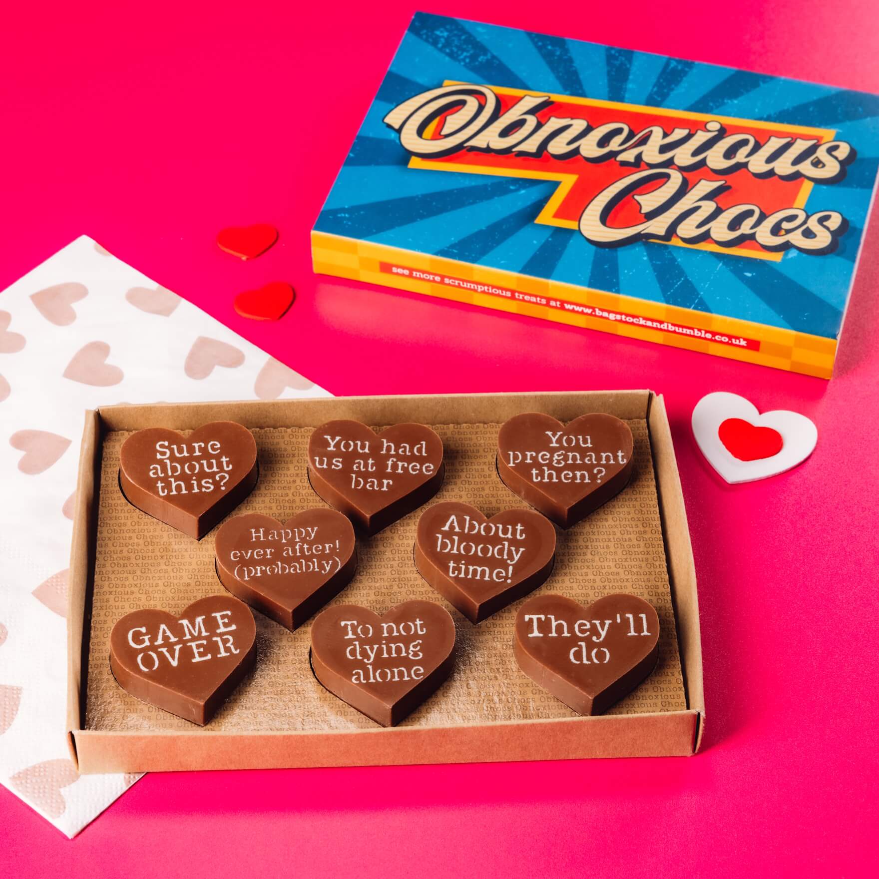 Engagement Obnoxious Chocs shown in their box with colourful, retro-inspired packaging, making gifting easy (and deliciously inappropriate).