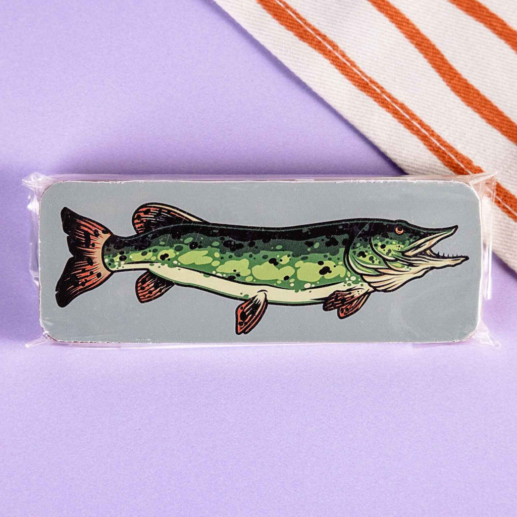 Custom chocolate with a fish illustration on a purple background