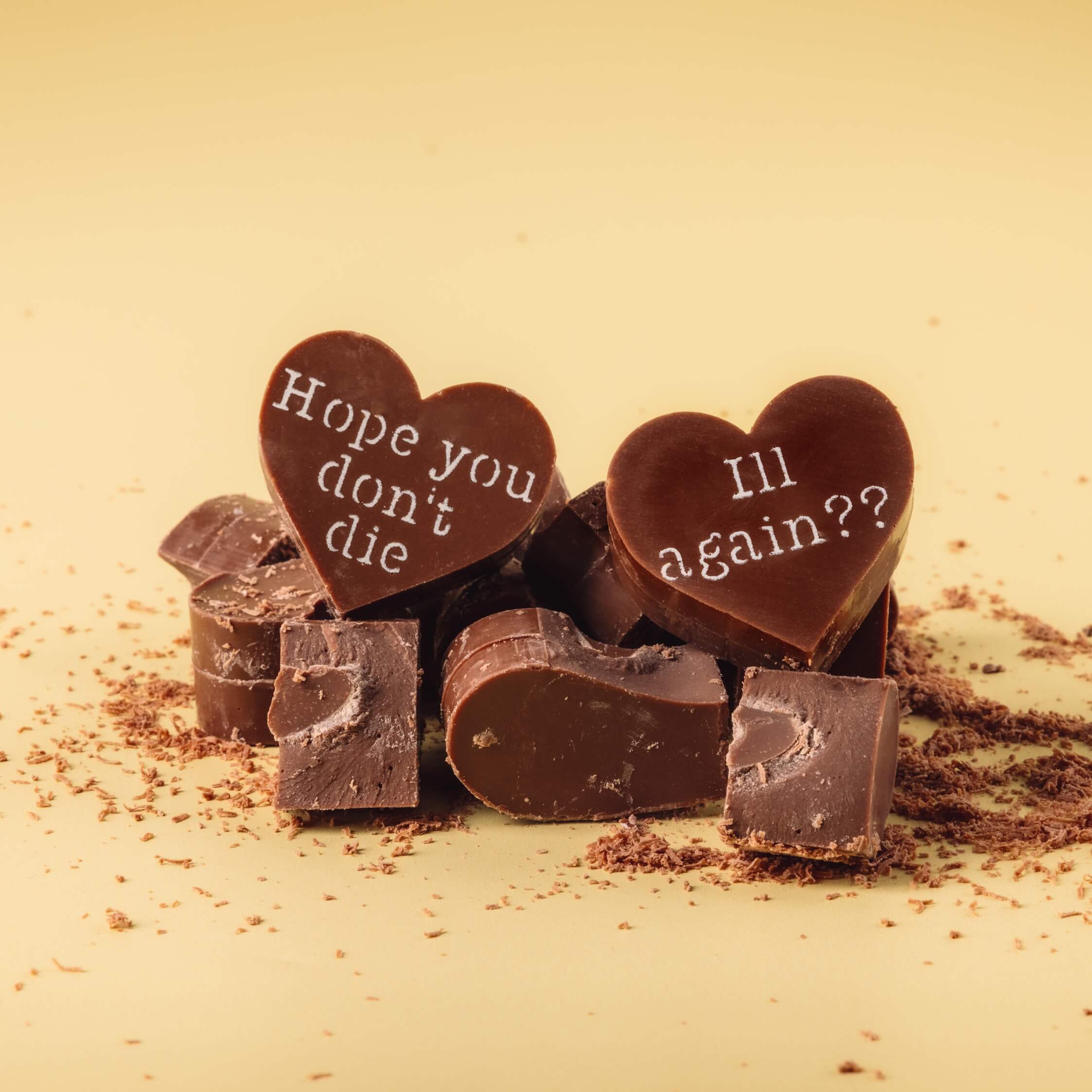 Post Op Gifts - deliciously cheeky fairtrade chocolate hearts, broken up to show the chunky milk chocolate centre.