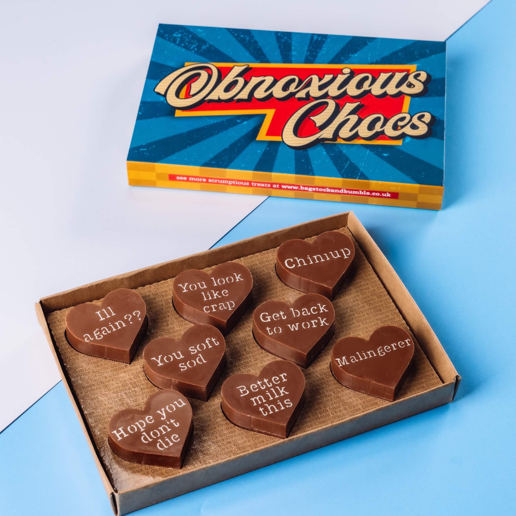Get Well Obnoxious Chocs from Bagstock & Bumble inside the box with bold vintage packaging, ideal for gifting to someone who is feeling a bit under the weather and needs cheering up.