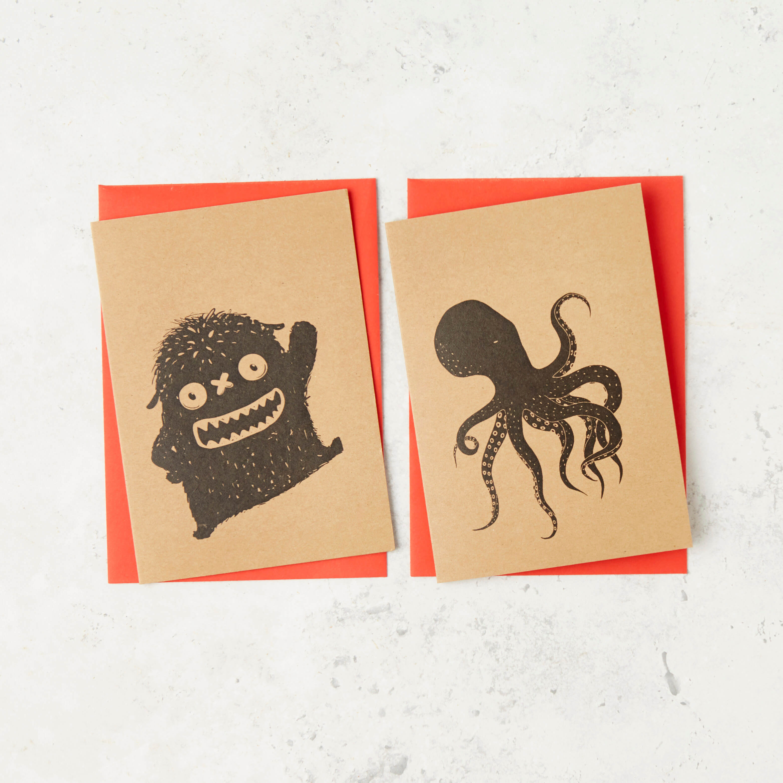 Hand-printed greeting cards for the perfect finishing touch – Choose from our monster or octopus design to add a personal message to your chocolate gift. Simple, thoughtful, and unique.