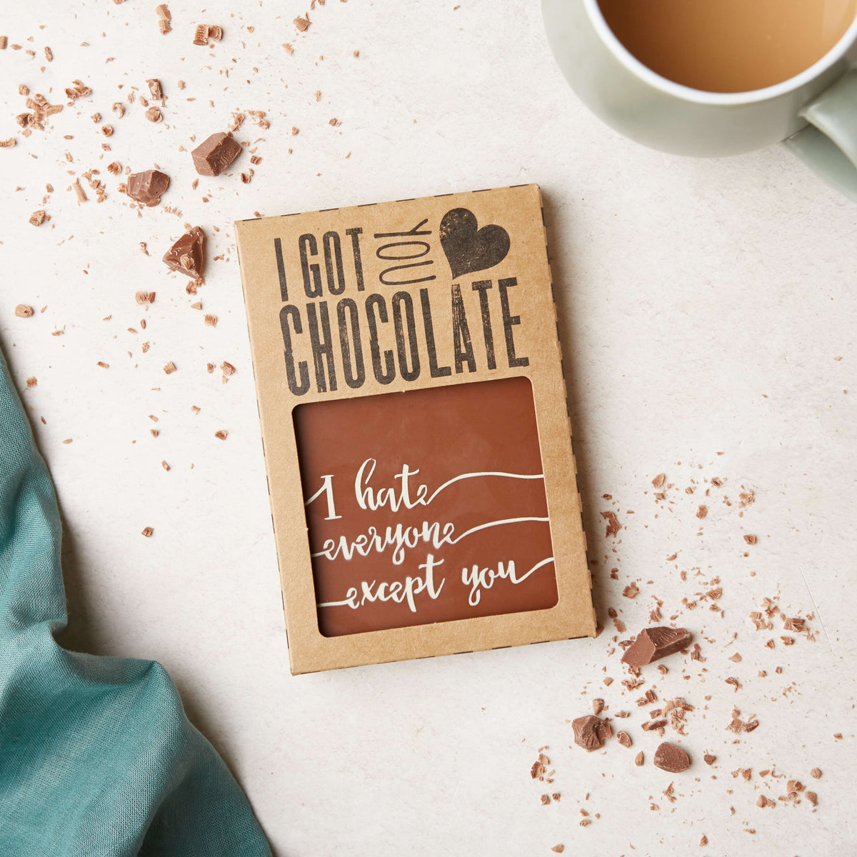 The ‘I hate everyone except you’ chocolate bar inside its I Got You Chocolate gift box—your go-to Galentine's gift when words aren’t enough and chocolate is required.