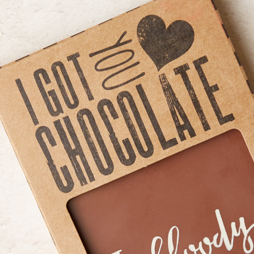 Chocolate bar with a 'I got you chocolate' packaging on a light background