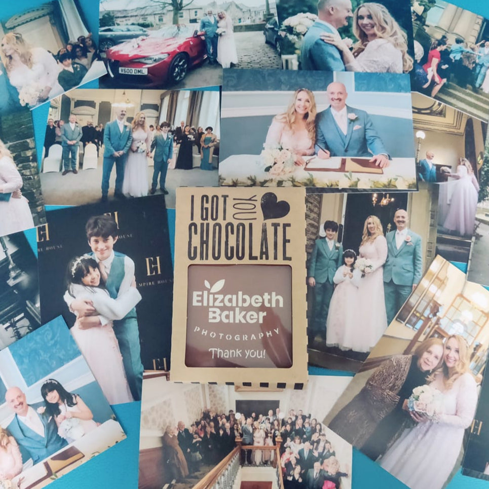 Customised thank you chocolates for Elizabeth Baker photography displayed with some of her wedding photographs