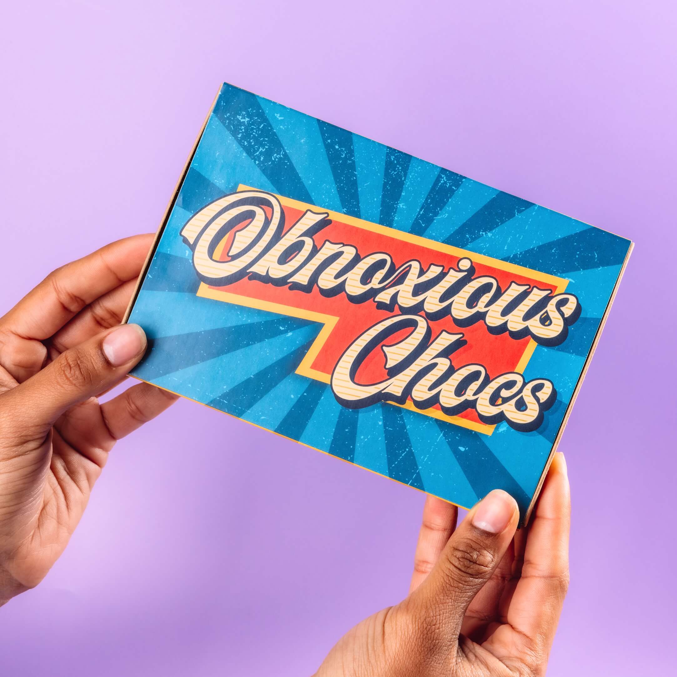 Our colourful, retro Obnoxious Chocs packaging means the chocolates are ready to gift for the perfect cheeky treat.