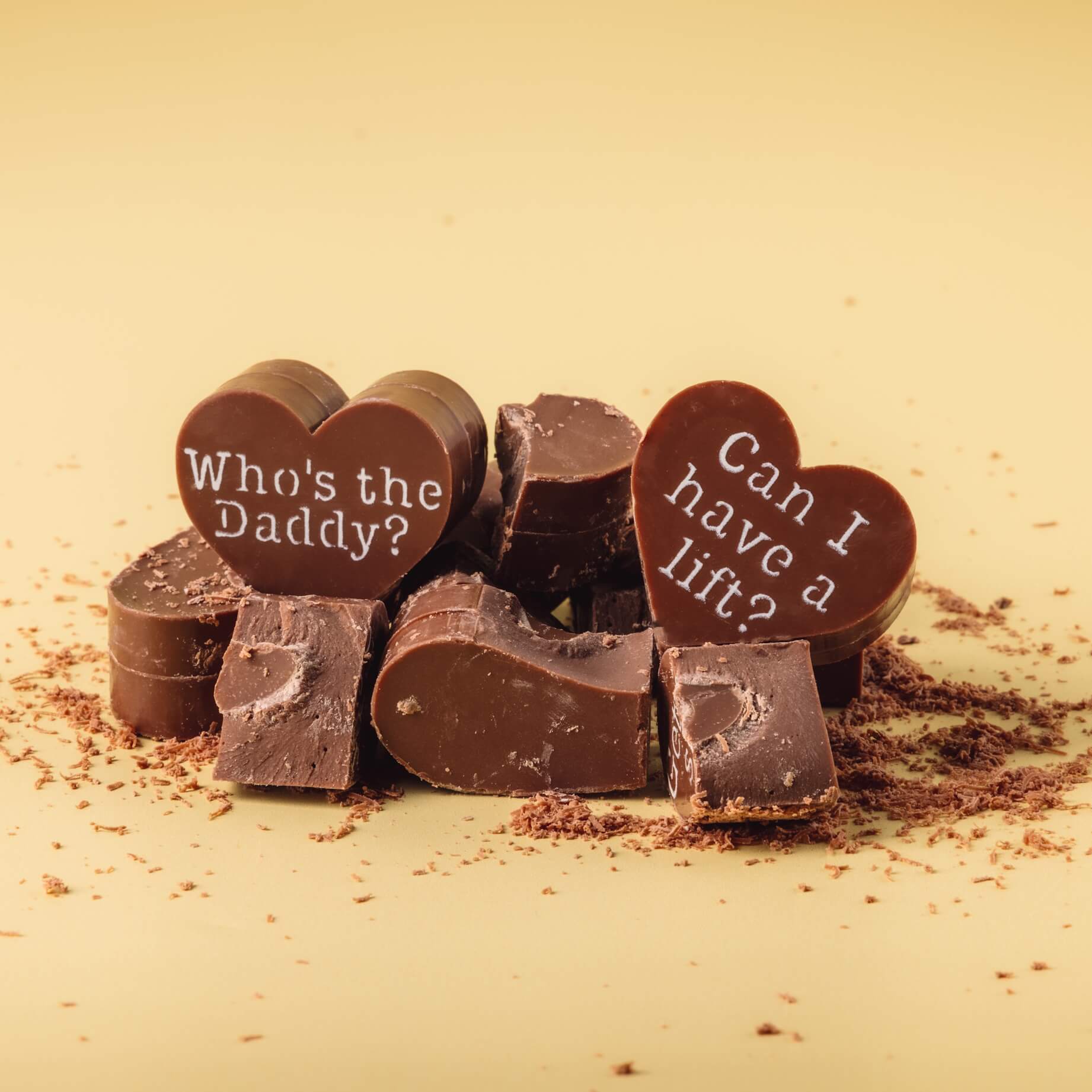 Dad Joke Gift - Broken chocolate hearts from Bagstock & Bumble's Dad collection, highlighting thick, solid Belgian chocolate and the cocoa butter decoration.