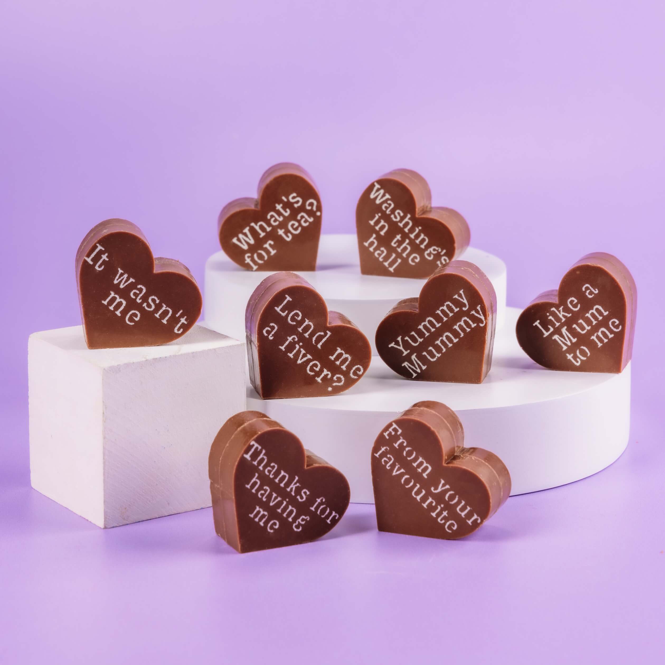 Funny Mother's Day Gifts - Bagstock & Bumble chocolates on display, engraved with playful phrases like 'Thanks for having me', the ideal gift for any mum with a sense of humour.