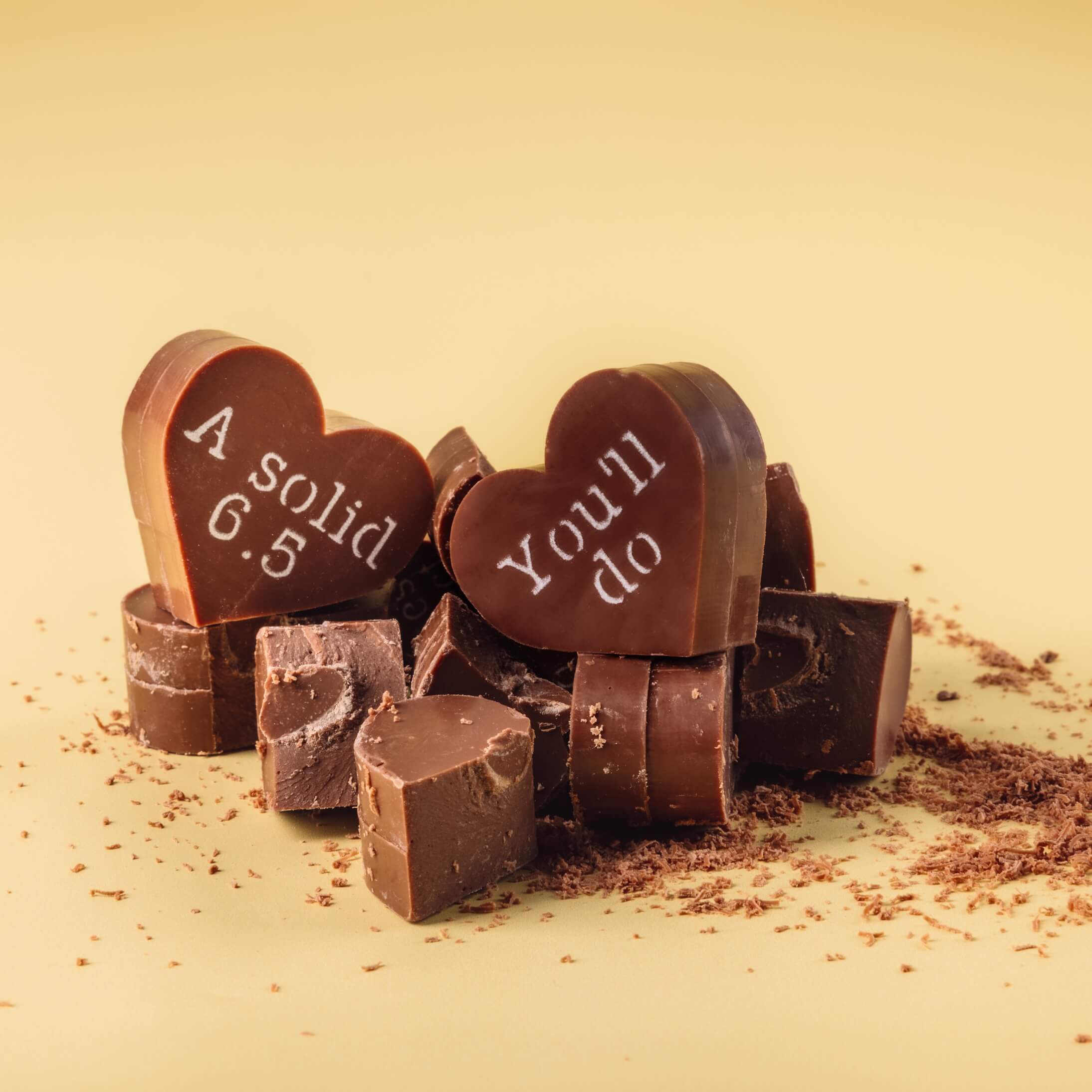 Chunky, solid Fairtrade Belgian chocolate hearts - smooth, scrumptious and full of attitude. A funny Valentine’s gift for couples that actually tastes good