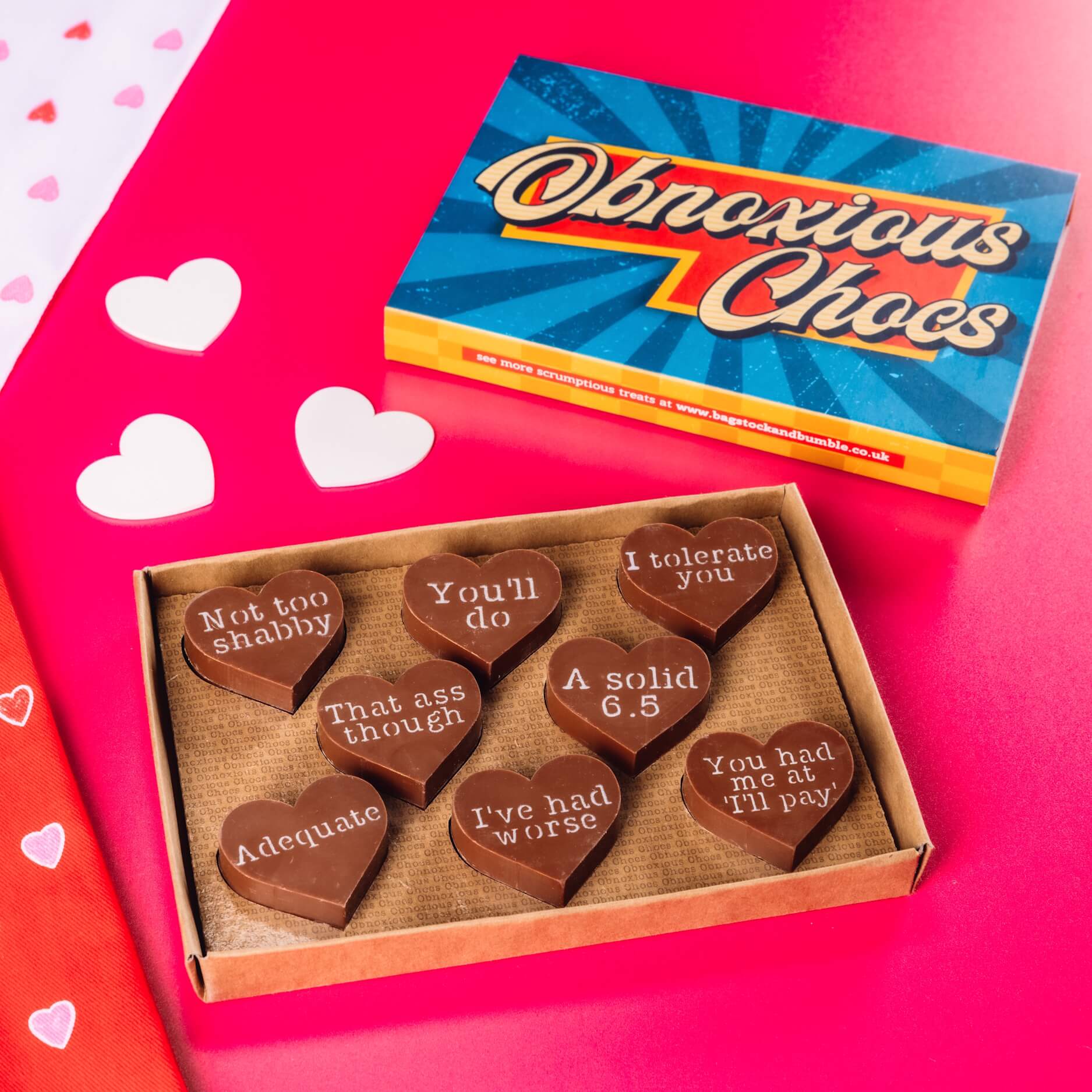 Cheeky Obnoxious Chocs chocolate hearts in a bold, retro looking box - a triumph of sarcasm over soppiness