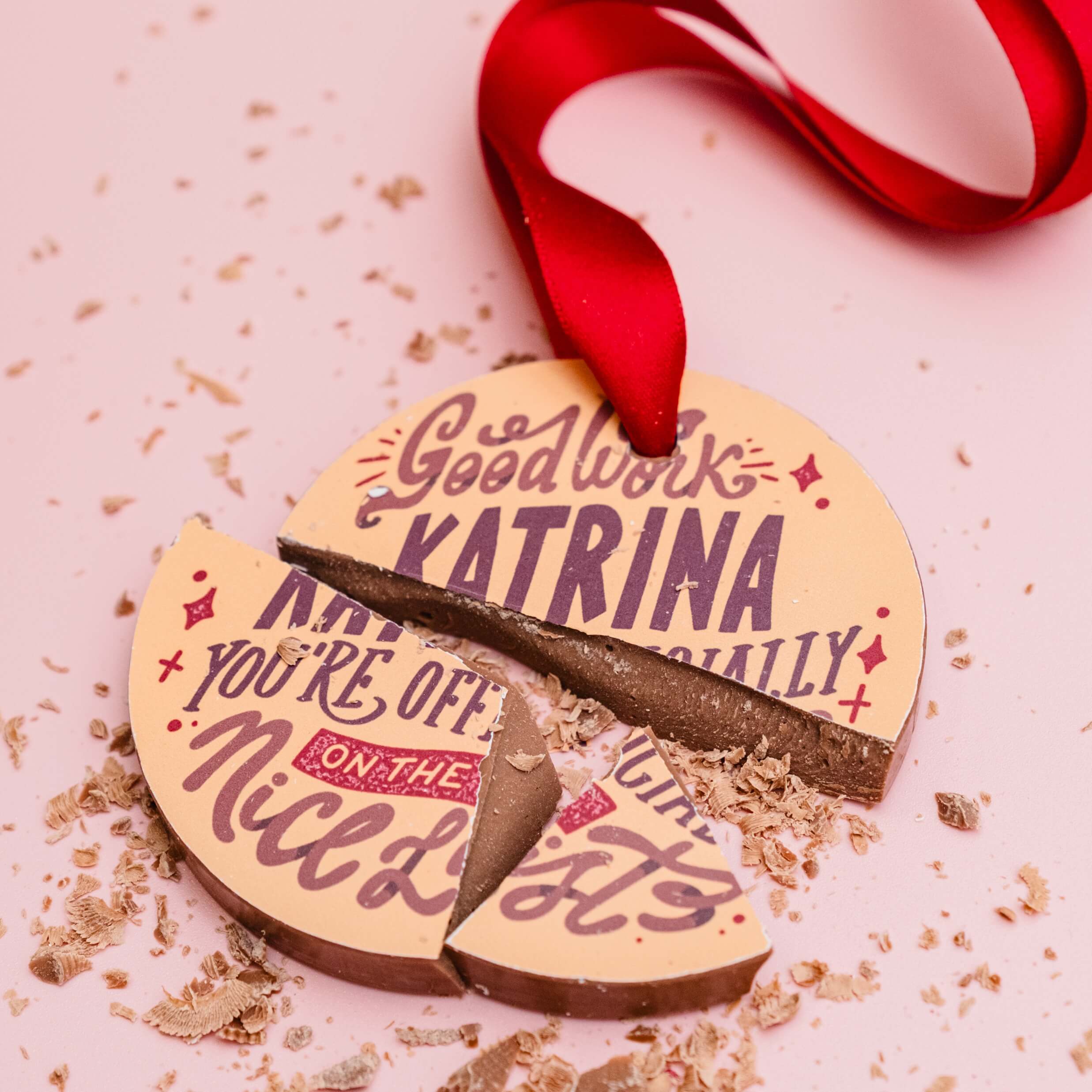 Christmas milk chocolate nice list broken to show chunky centre