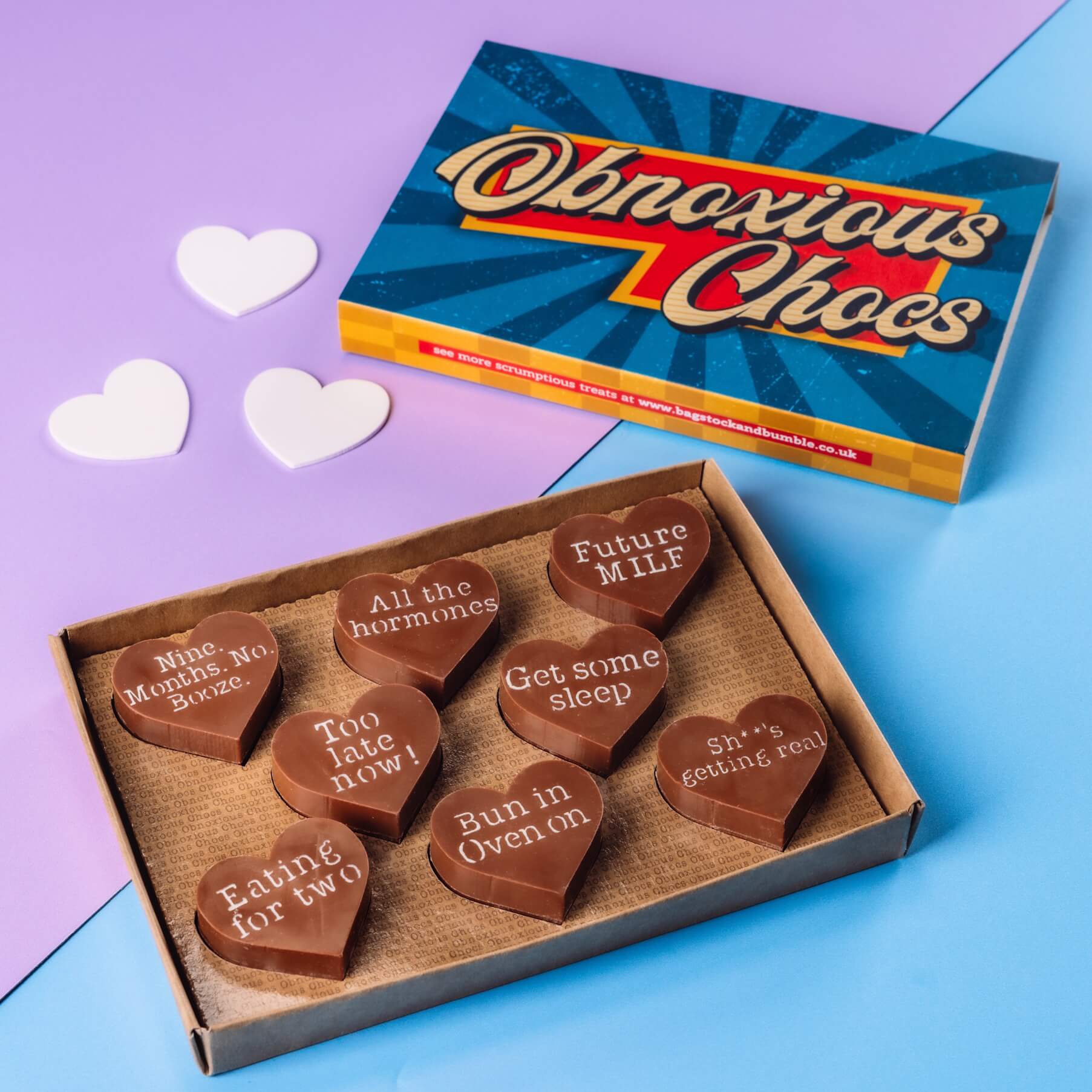 Bagstock & Bumble’s cheeky pregnancy-themed chocolates, with bold phrases on thick, heart-shaped Fairtrade chocolate – the ultimate tongue-in-cheek baby shower gift.