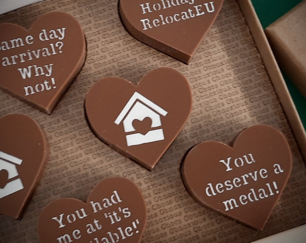 A box of customised corporate chocolate gifts made for RelocatEU staff