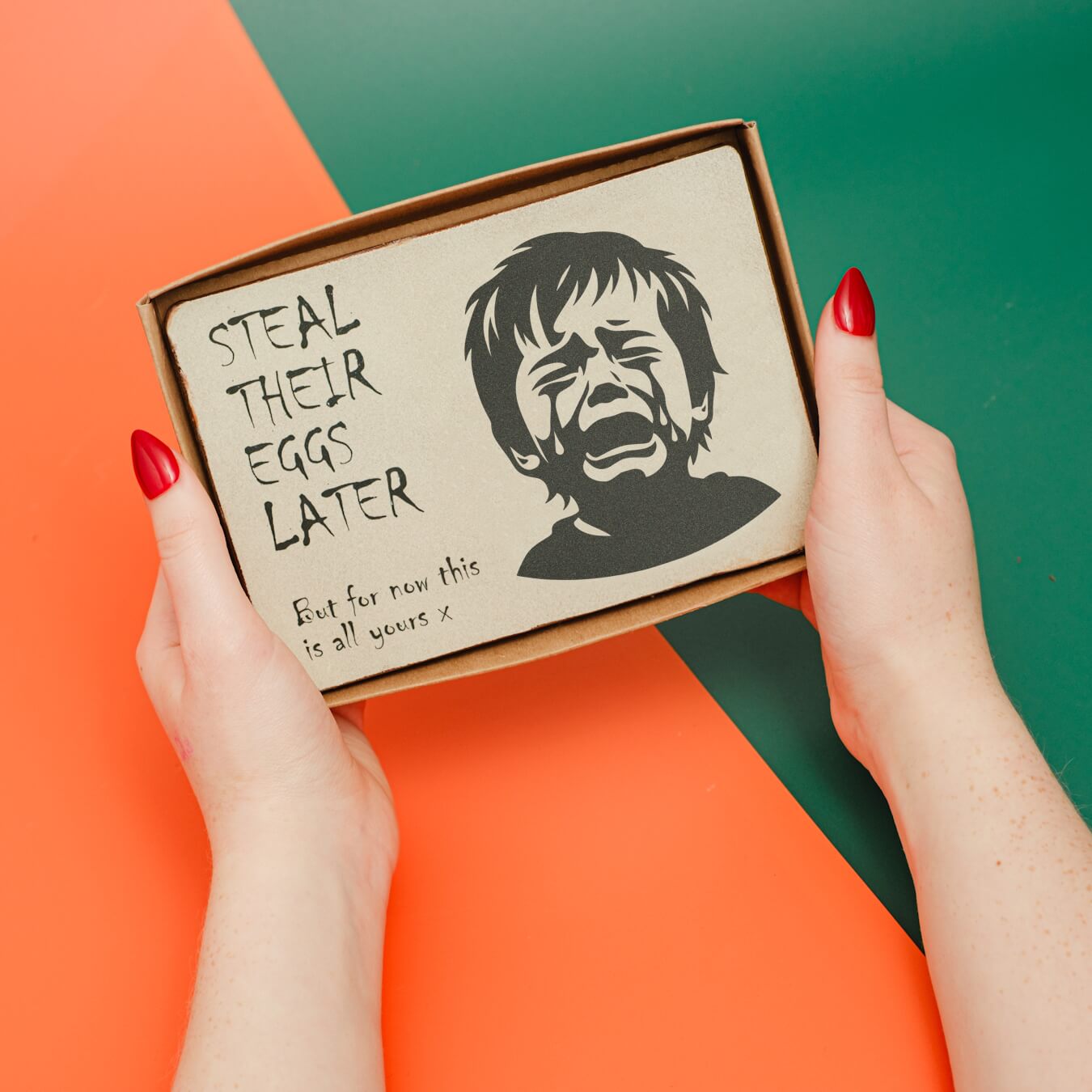 Funny and silly gift ideas for Easter - a crying child design on a milk chocolate slab, boxed and ready for gifting.