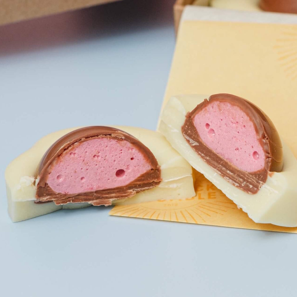 Raspberry marshmallow filling in milk chocolate