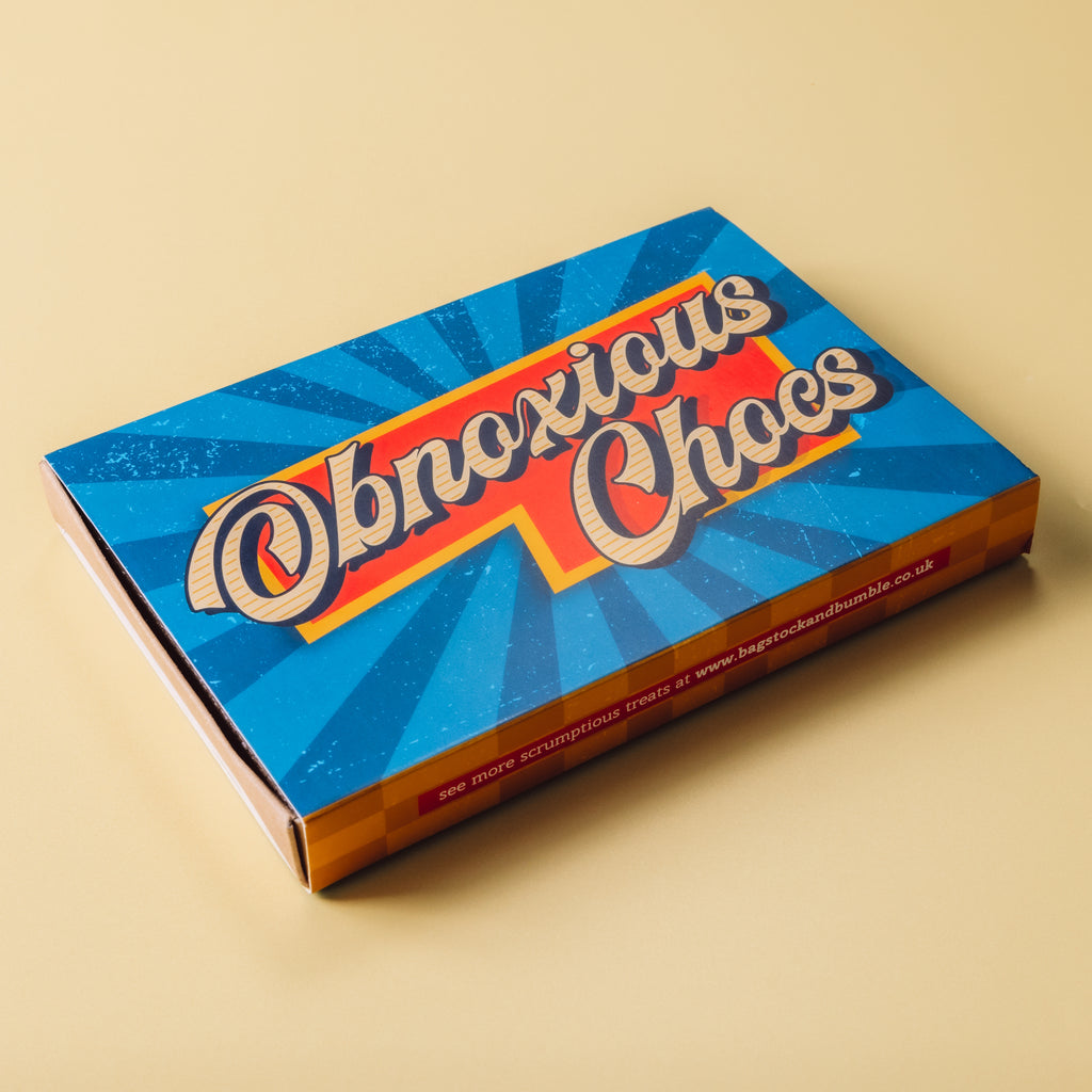 Bold, retro Obnoxious Chocs box— a funny Valentine’s gift for him with plenty of cheek