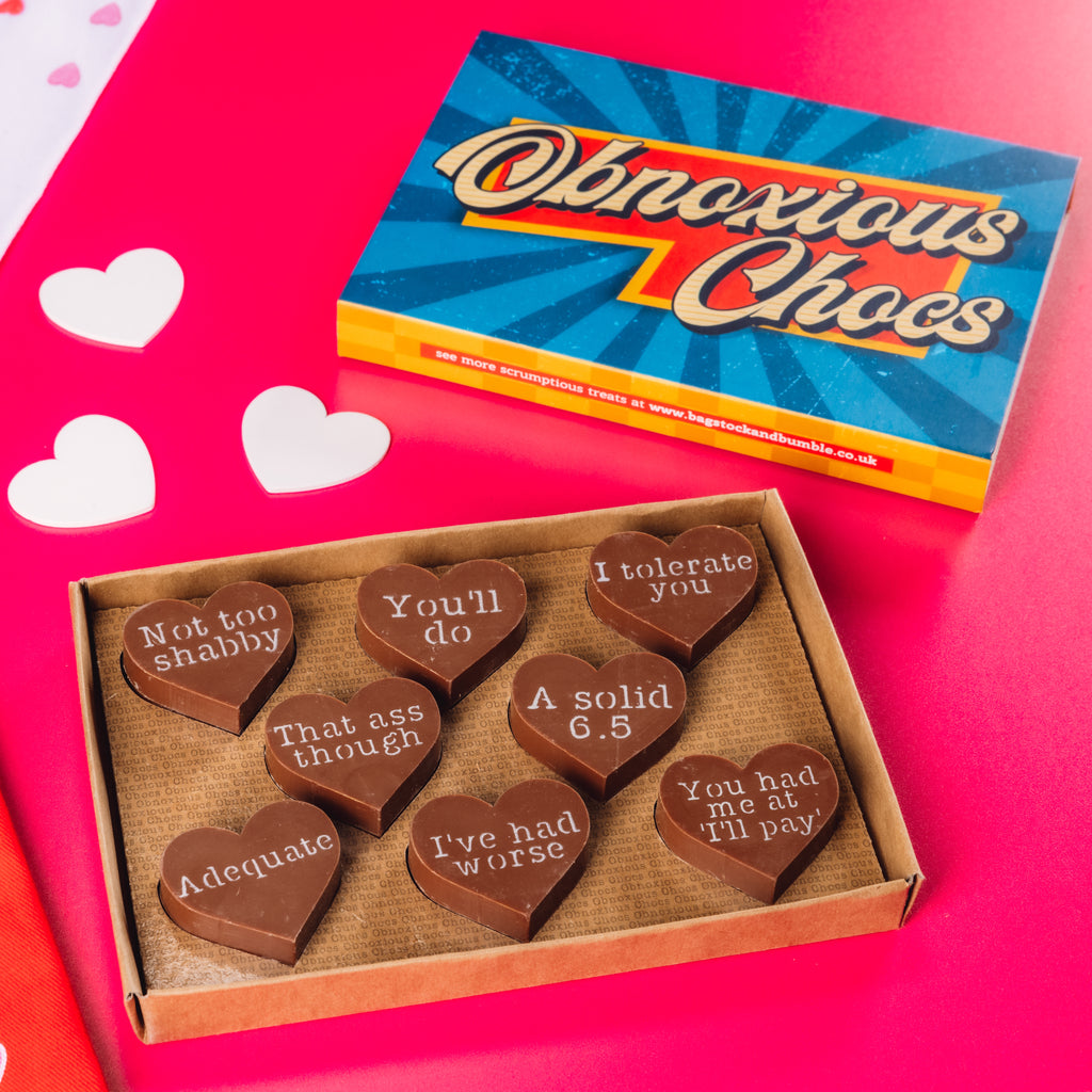 Cheeky Obnoxious Chocs chocolate hearts in a bold, retro looking box - a triumph of sarcasm over soppiness