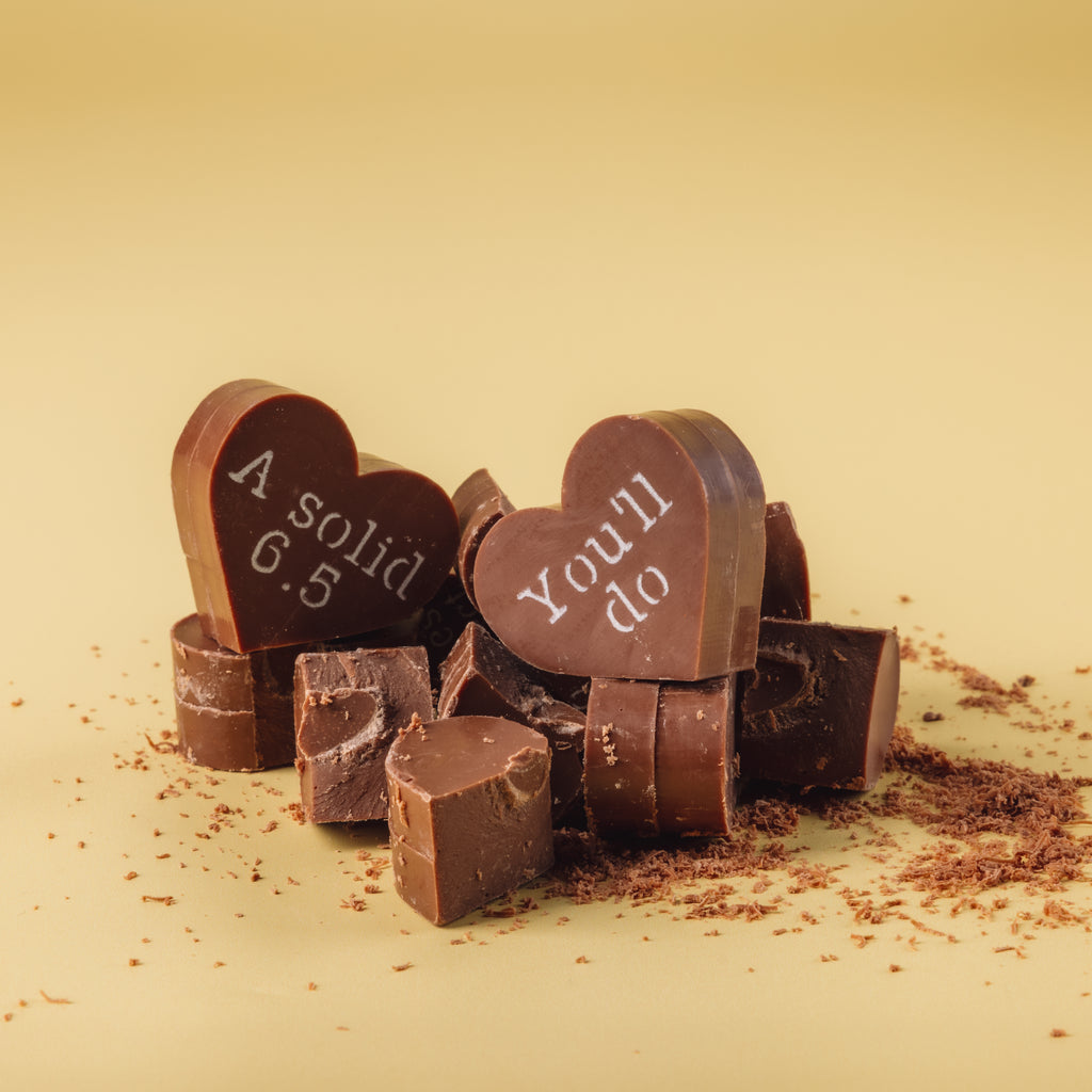 Chunky, solid Fairtrade Belgian chocolate hearts - smooth, scrumptious and full of attitude. A funny Valentine’s gift that actually tastes good