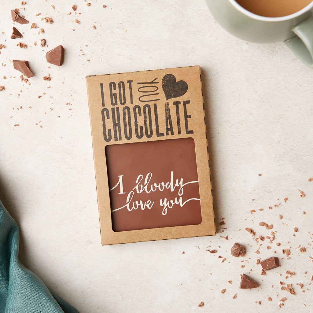 'I bloody love you' chocolate bar presented in Bagstock & Bumble's custom 'I got you chocolate' gift packaging