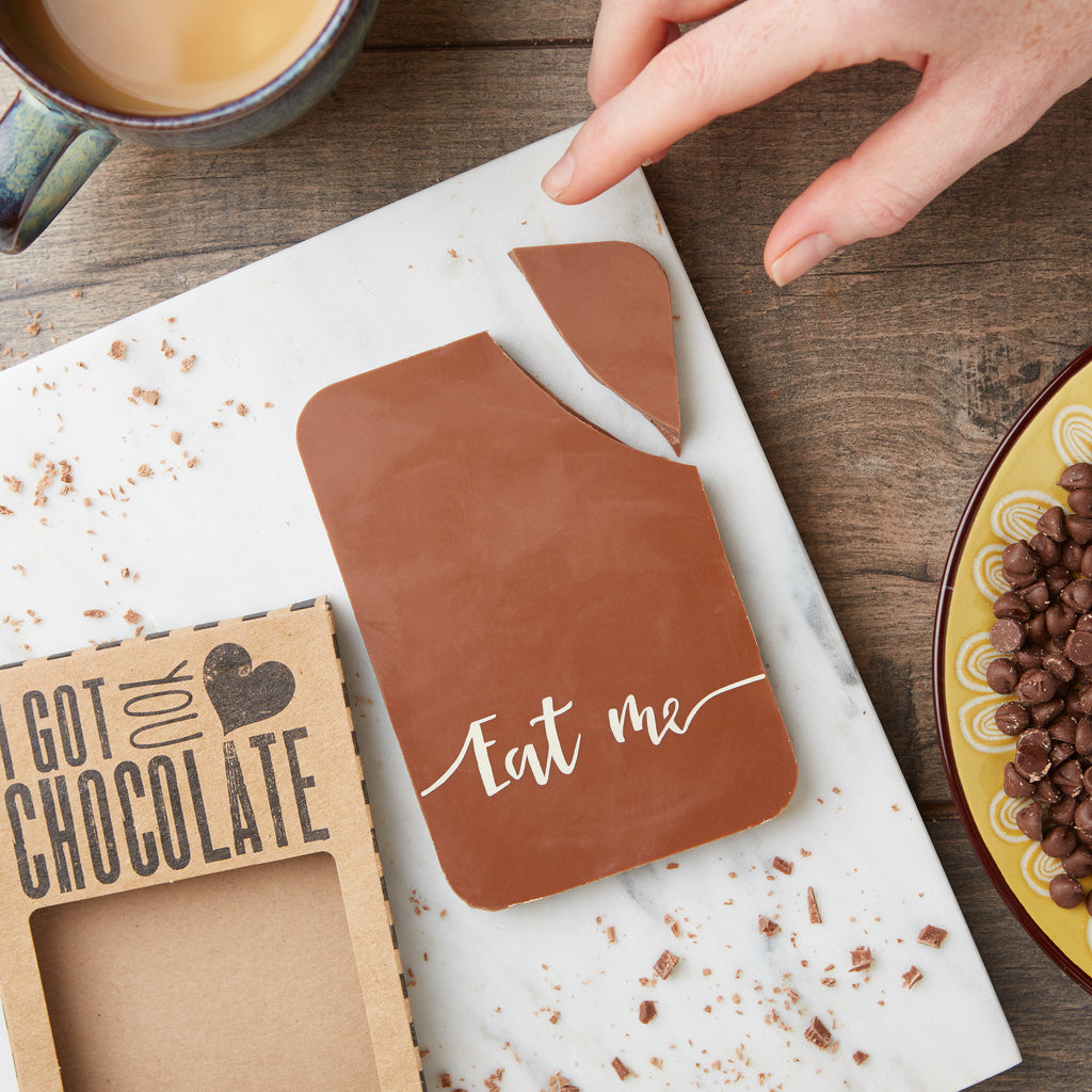 'Eat me' slogan on a delicious handmade Belgian milk chocolate bar