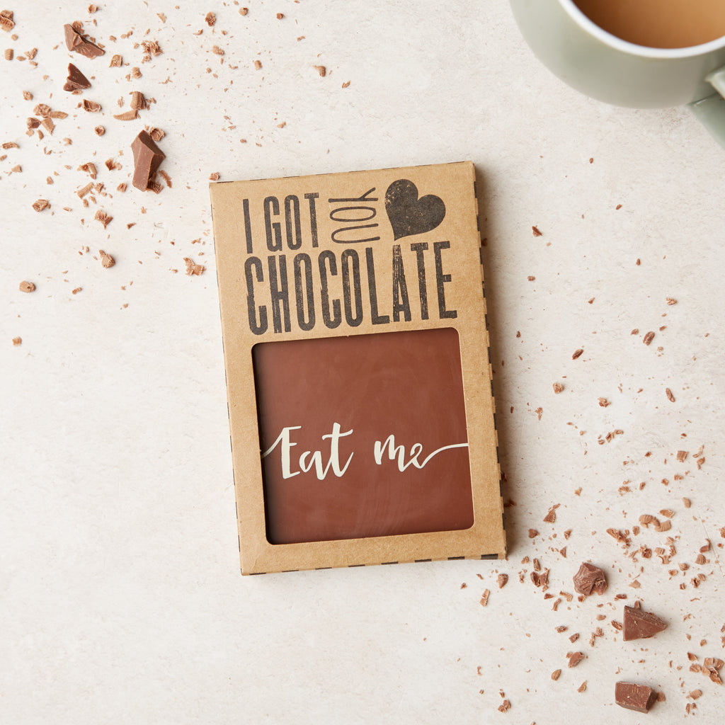 'Eat me' milk chocolate bar in it's packaging - Bagstock & Bumble's custom 'I got you chocolate' box