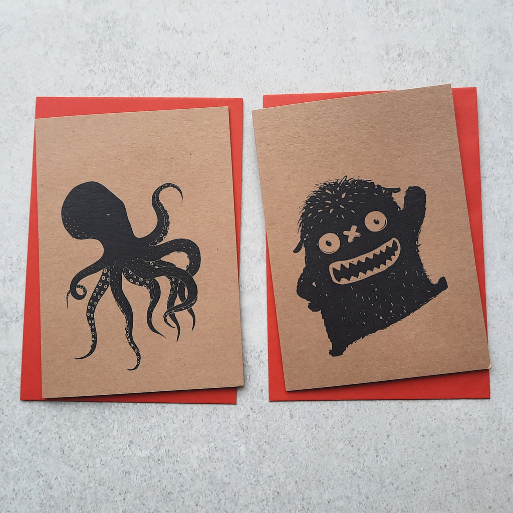 Our selection of custom monster and octopus design greetings cards for handwritten messages