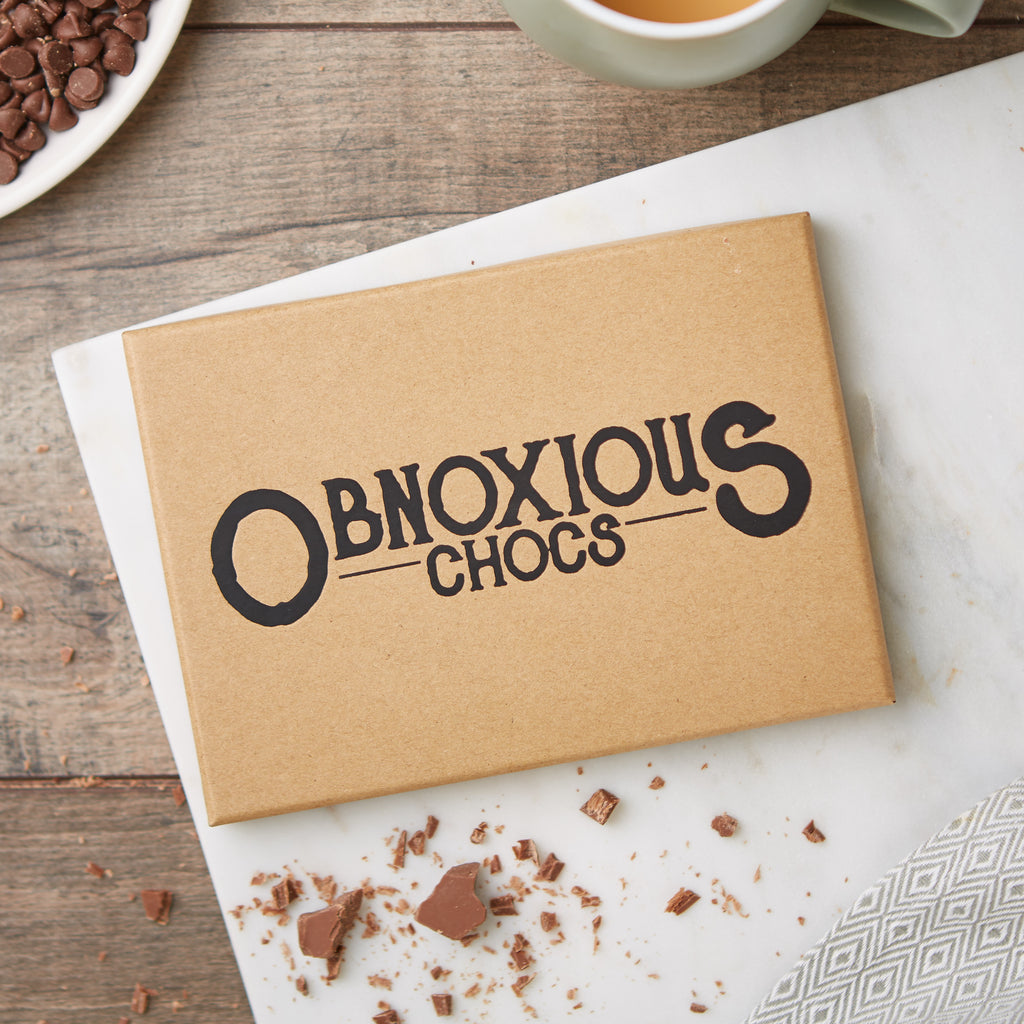 A view of the lid of the custom made 'Obnoxious Chocs' kraft gift box 