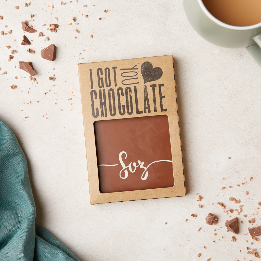 Belgian chocolate sorry bar with a 'Soz' message packed into an 'I got you chocolate' gift box