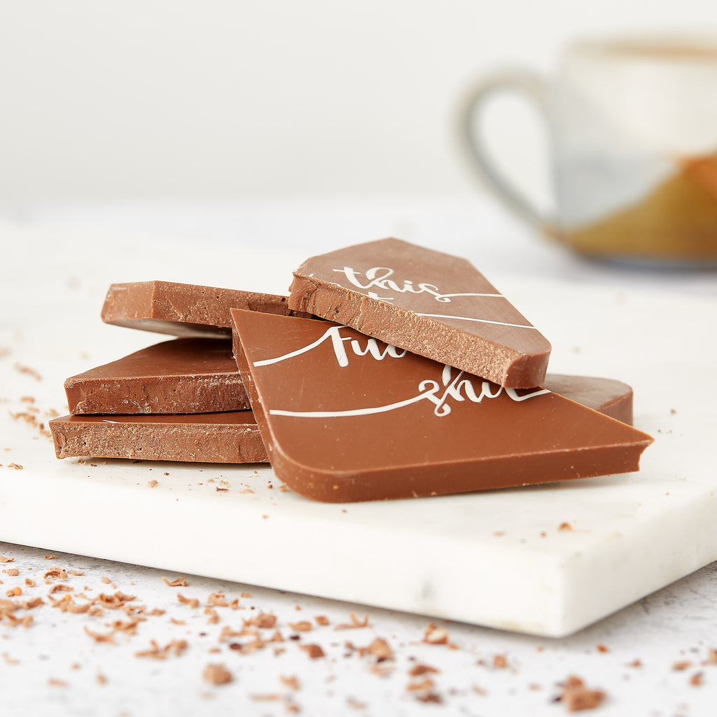 Picture of broken up chunks of Belgian milk chocolate bar with bit of 'Fuck this shit' message visible