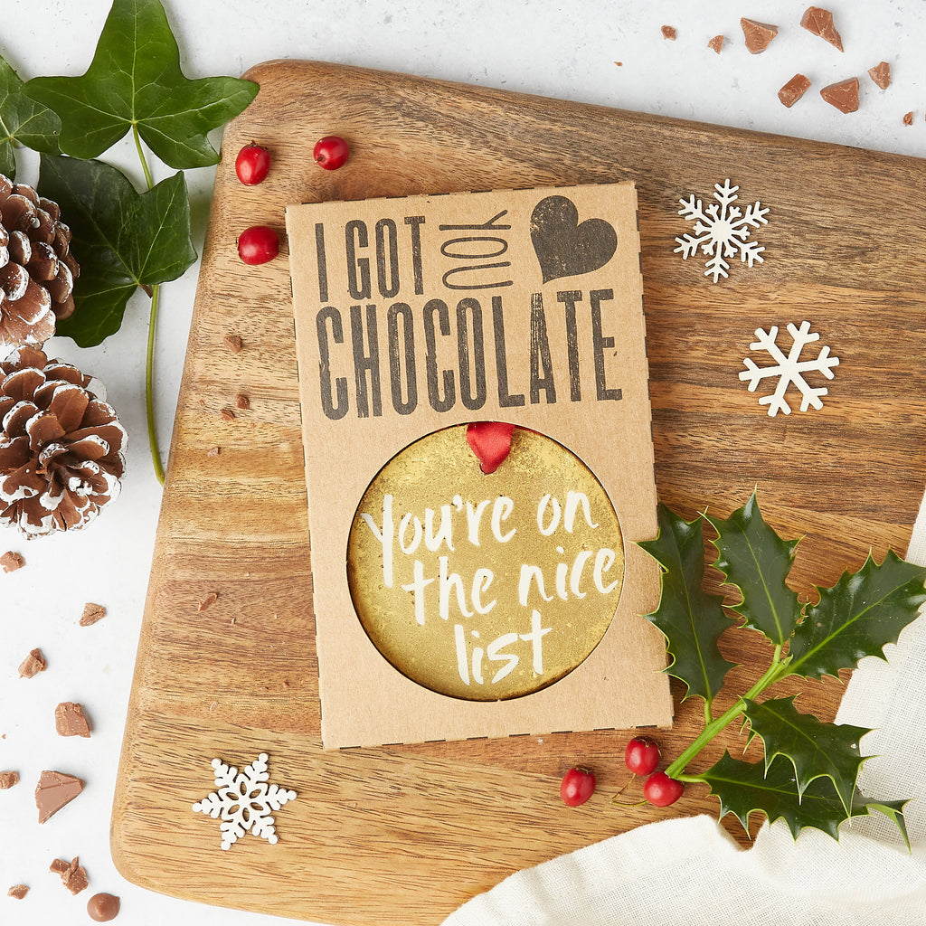 Christmas chocolate for kids... 'You're on the nice list' chocolate gold medal displayed in our custom 'I got you chocolate' packaging